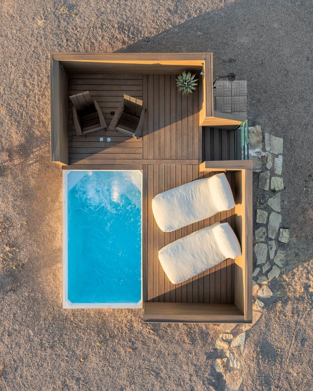 Aerial view of a Plungie Studio plunge pool on a timber deck